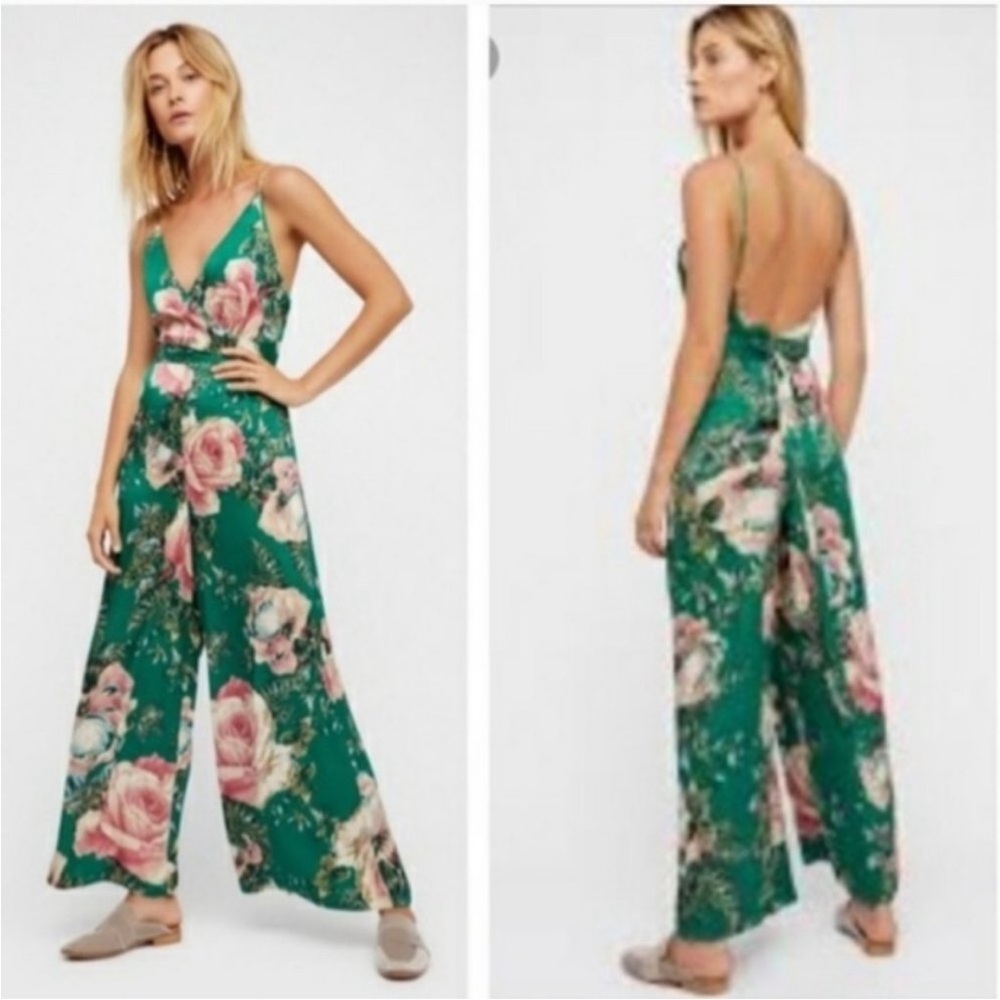 Free People Green Floral Satin Jumpsuit